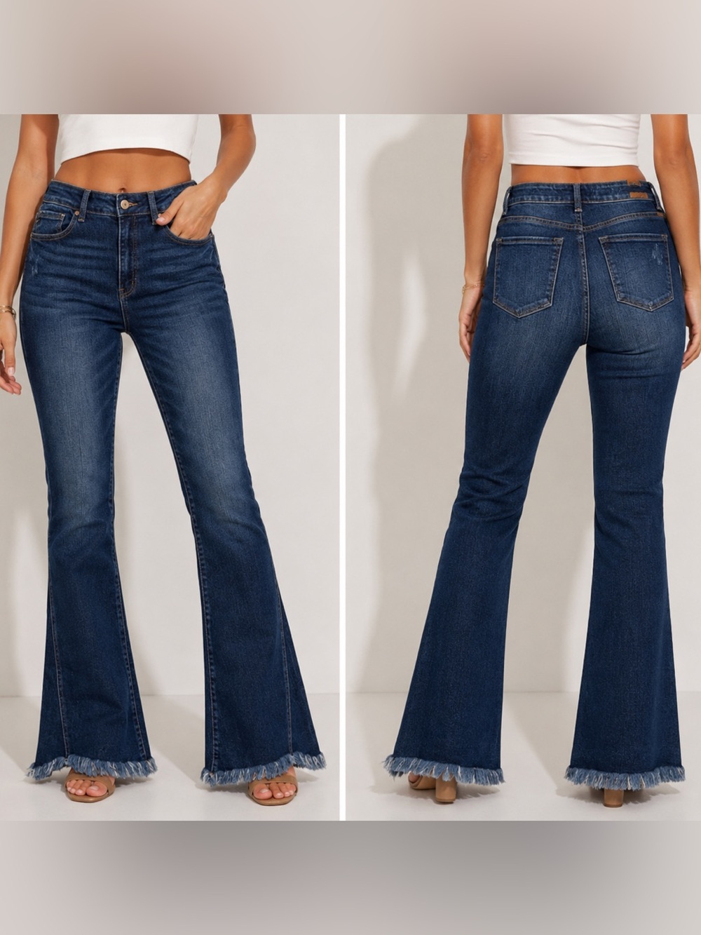 KanCan High Rise Dark Blue Wash Flare Jeans With Sharkbite Hem, Size 13/30, NWOT